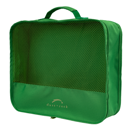 Bottle green packing cube with strong handle for easy carrying and quick access to organised travel essentials