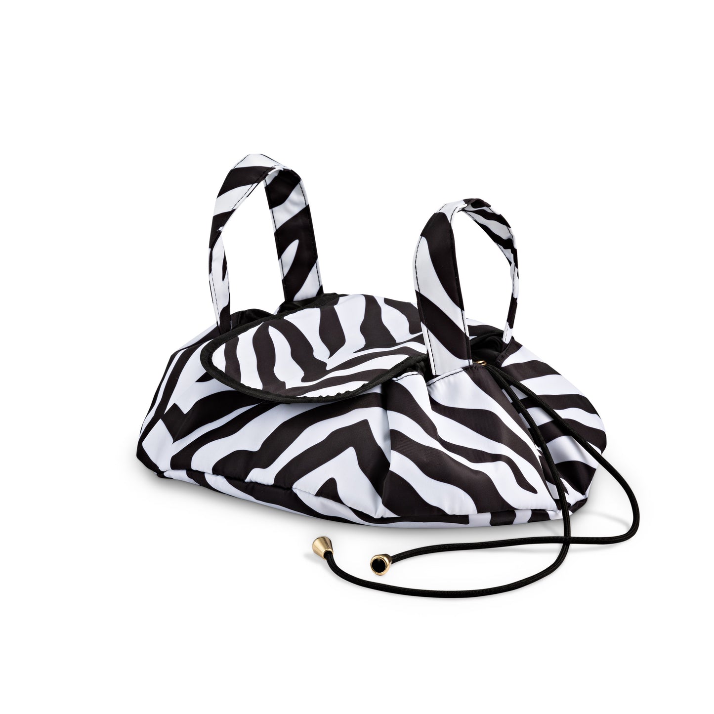 Dust and Rock Barrel Bag – 'Sirius' edition in zebra print; closed drawstring makeup organiser with sturdy handles and compact shape. Stylish and practical for storing toiletries, skincare, or cosmetics on the go.