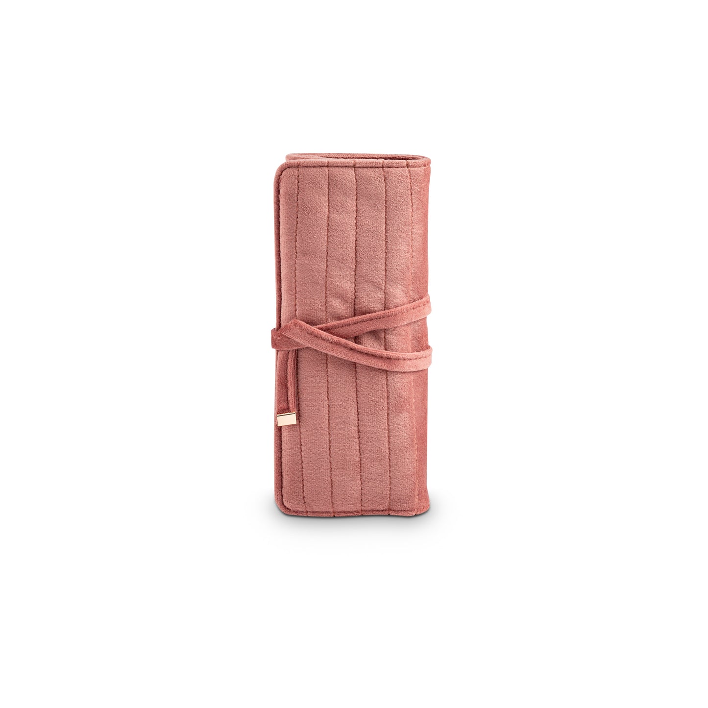 Dust and Rock Jewellery Wrap – closed pink suede-style travel organiser with soft wraparound tie; compact and protective jewellery case for women, perfect for handbags, suitcases, or dresser drawers.