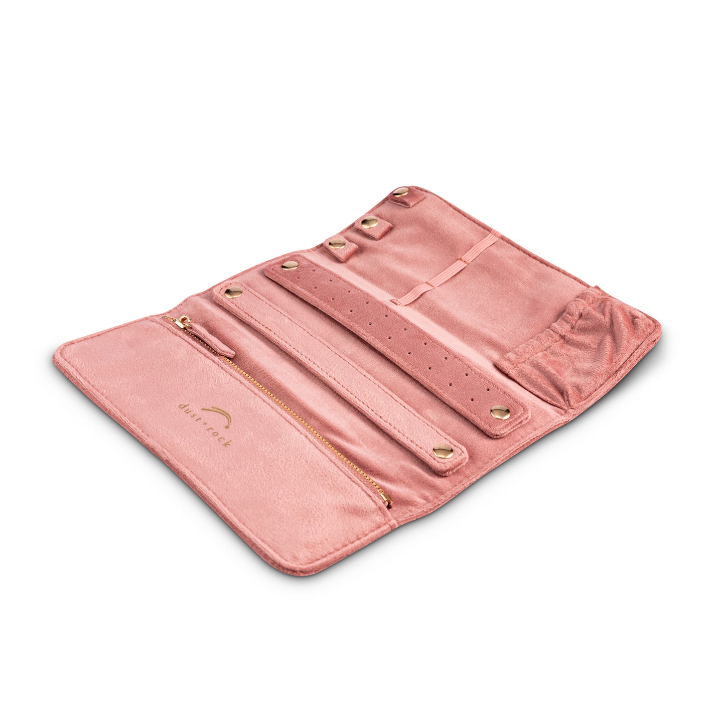Dust and Rock Jewellery Wrap – pink suede-style organiser shown open with empty compartments for rings, necklaces, earrings, and bracelets; includes zip pocket and tie closure. Ideal travel jewellery storage case or at-home organiser for women.