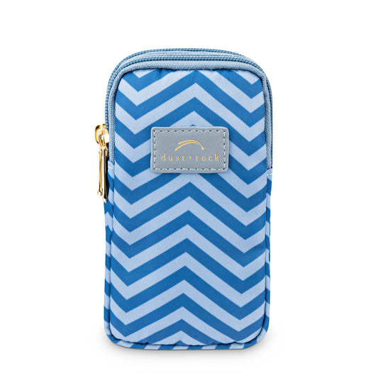 Dust and Rock Mini Wrist Pocket – 'Stillness' edition with blue and sky-blue chevron print and gold zip; a compact wrist wallet for women designed to hold smaller phones, keys, and everyday essentials with ease.