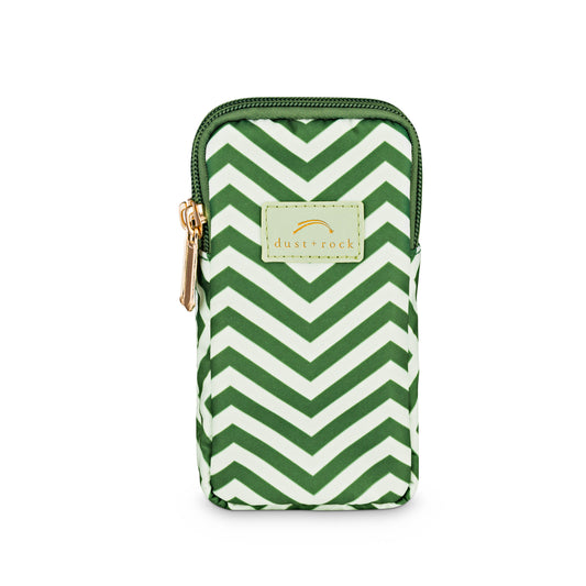 Dust and Rock Mini Wrist Pocket – 'Coillte' edition with green-on-green chevron print and gold zip; a compact hands-free wrist wallet for women, ideal for carrying a smaller phone, keys, and everyday essentials