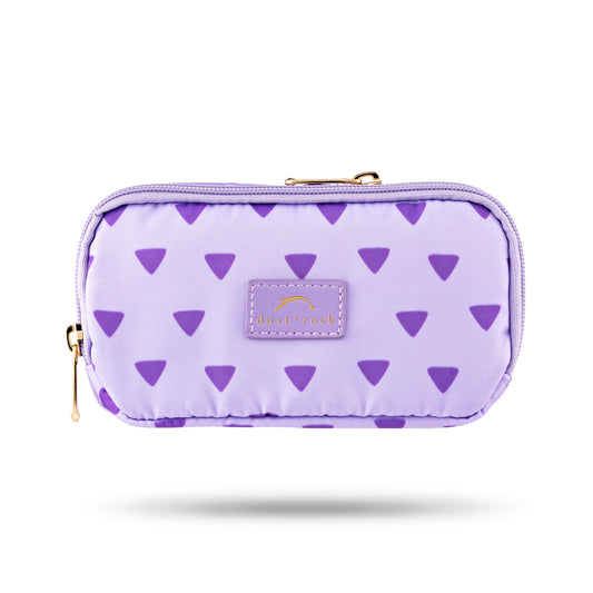 Dust and Rock Original Wrist Pocket – 'Cool Your Jets' edition in pastel lilac with bold purple triangle print; a stylish, hands-free wrist wallet ideal for travel, festivals, daily errands, and on-the-go lifestyles.