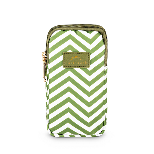 Dust and Rock Mini Wrist Pocket – 'Foraoise' edition in forest green and white chevron print with olive zip detail; a compact, hands-free pouch perfect for smaller phones, keys, and everyday essentials."