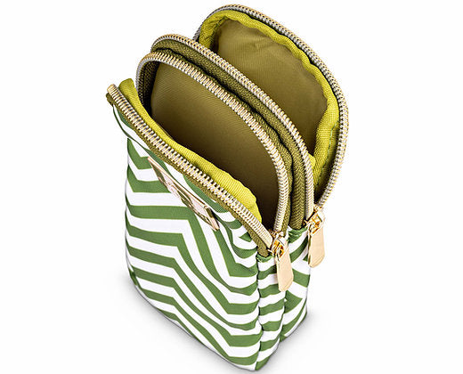 Side view of Dust and Rock Mini Wrist Pocket – 'Foraoise' edition with two deep zip pockets and olive green lining; ideal for carrying a smaller phone, cash, and on-the-go must-haves.