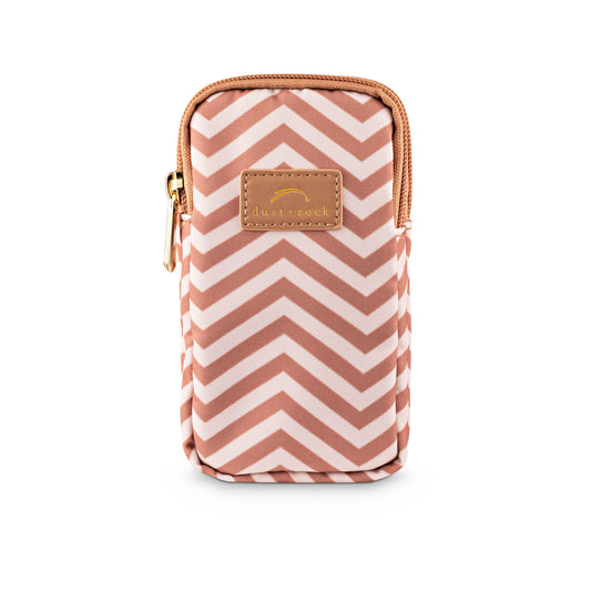 Dust and Rock Mini Wrist Pocket – 'Gratitude' edition with beige and brown chevron print; a compact wrist wallet for women that holds a small phone, keys, and essentials — perfect for everyday carry, travel, and errands.