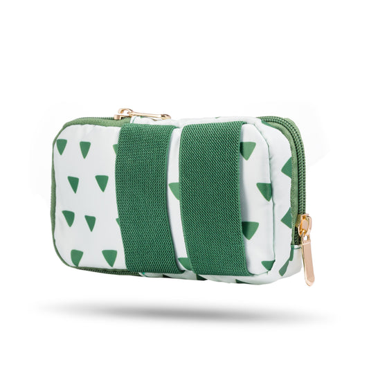 Back view of the Dust and Rock Original Wrist Pocket – Waterford Greenway edition with green-on-green triangle print and wide elastic straps for secure hands-free wear on your wrist or belt; perfect for walks, cycles, and outdoor adventures along the Greenway.