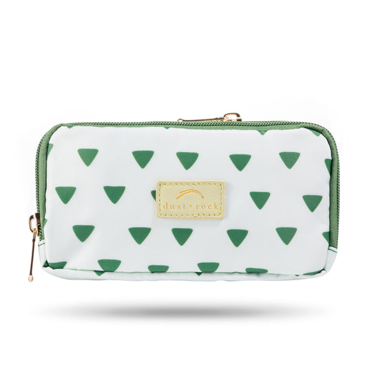Dust and Rock Original Wrist Pocket inspired by the Waterford Greenway – features a green-on-green triangle print with gold accents, designed for hands-free convenience; perfect for walks or cycles along the Greenway, outdoor adventures, and everyday errands.
