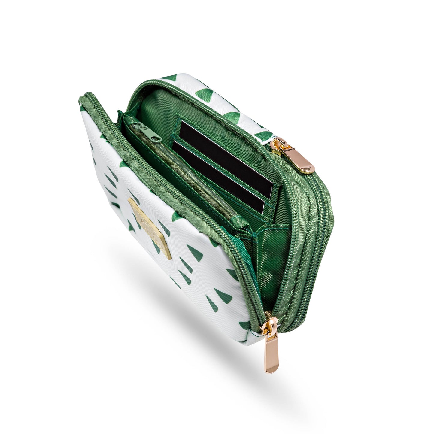 Interior view of the Dust and Rock Original Wrist Pocket – Waterford Greenway edition in green-on-green print, featuring multiple compartments and card slots for secure, hands-free storage on walks, cycles, and daily adventures.