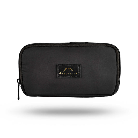 Dust and Rock Original Wrist Pocket – 'Infinity Black' edition in sleek all-black design with matching logo patch; a timeless, hands-free wrist purse perfect for travel, work, events, and everyday use.