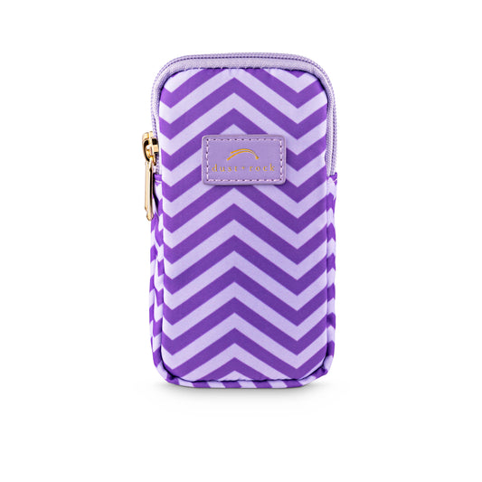 Dust and Rock Mini Wrist Pocket – 'It's A Mood' edition with bold lilac and purple chevron print; a compact, hands-free pouch with dual zip pockets, perfect for holding your phone, keys, and essentials on the go.