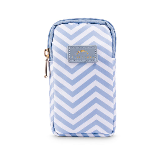 ust and Rock Mini Wrist Pocket – 'Sea You There' edition with soft blue and white chevron print and matching trim; a compact, beach-ready wrist pouch for smaller phones, keys, and daily essentials.