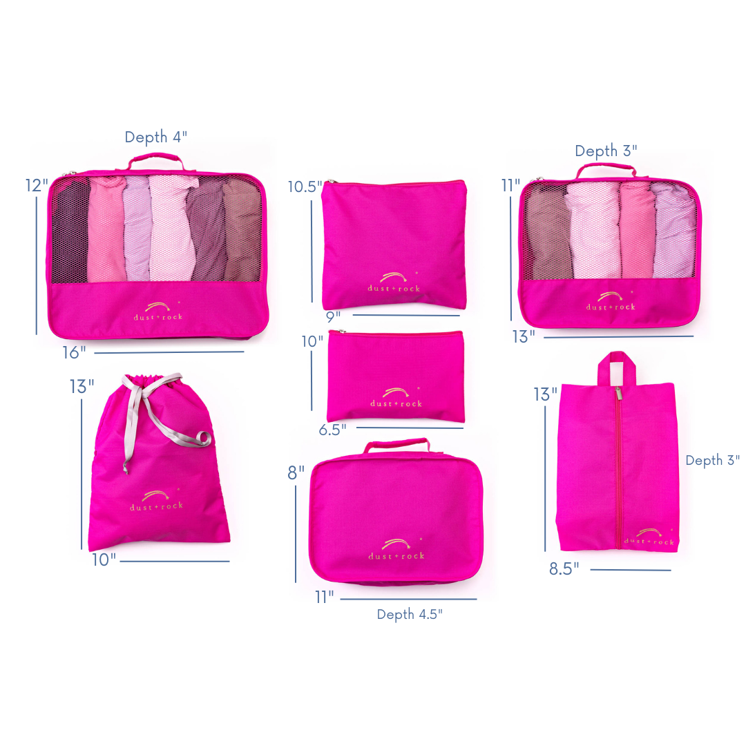 Dust and Rock packing cubes size guide with measurements for each cube, including clothes cubes, shoe bag, accessories bag, and laundry bag